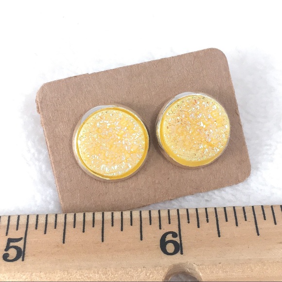 SOLD   Yellow Glitter Druze Stud Earrings - Picture 4 of 4